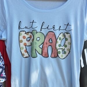 Light Blue Graphic Tee with 'Pray' Design